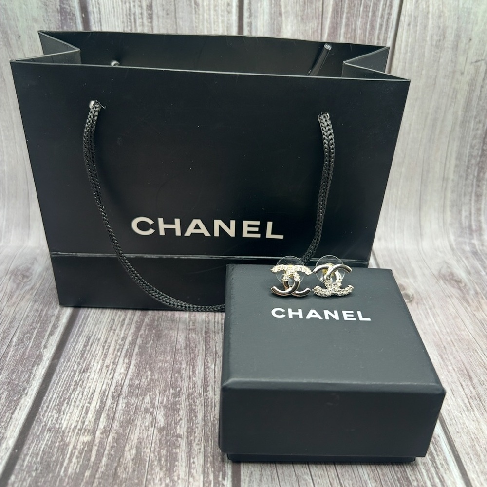 CHANEL Silver CC Rhinestone Accent Pierced Stud Earrings + Box & Bag - Picture 13 of 15